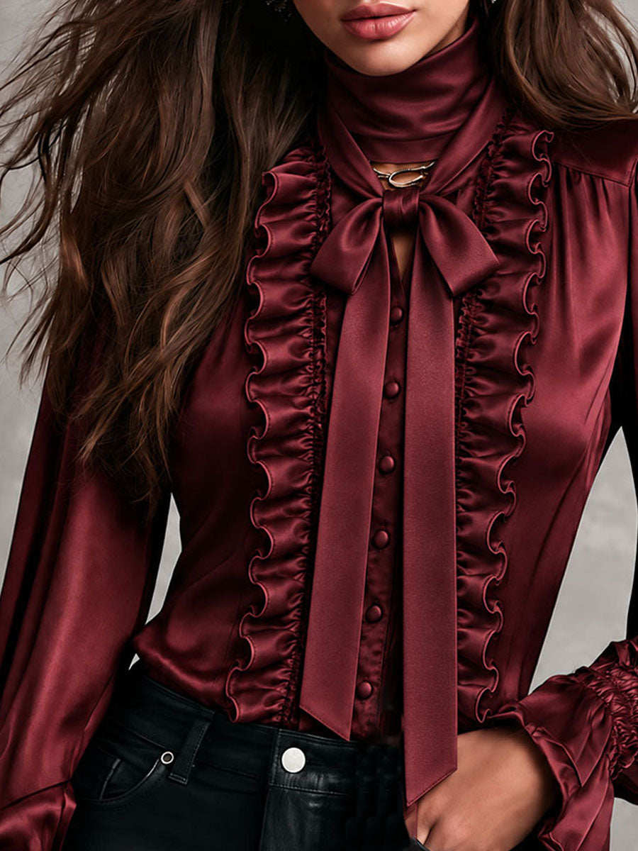 Blusa de Satín para Mujer con Cuello con Moño, Olanes y Mangas Obispo