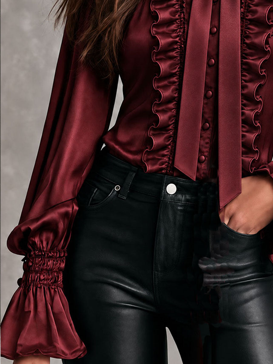 Blusa de Satín para Mujer con Cuello con Moño, Olanes y Mangas Obispo