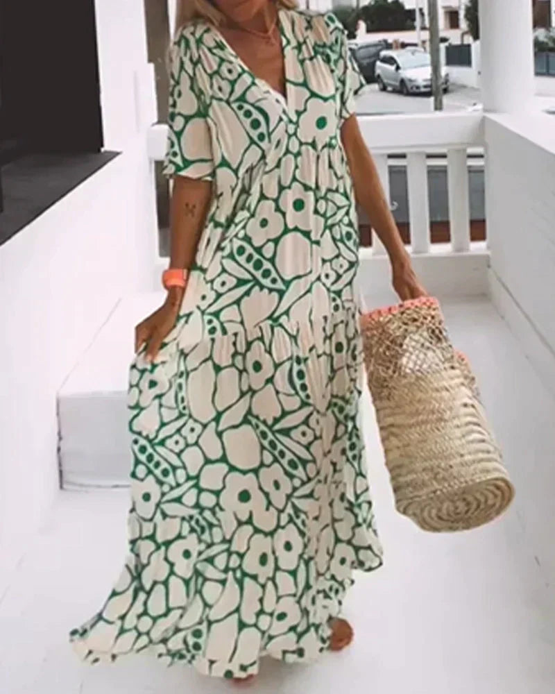 CHRISTINE | Vestido Largo de Verano de Corte Fluido con Elegante Estampado Gráfico