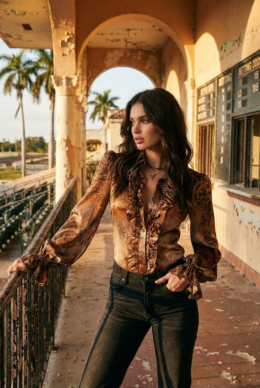 Blusa Vintage de Satín con Estampado de Cachemira, Olanes y Cuello en V