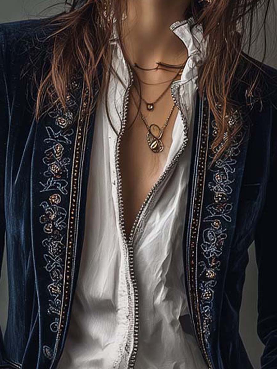 Athénaïs | Chamarra Larga Bordada Vintage Azul Marino