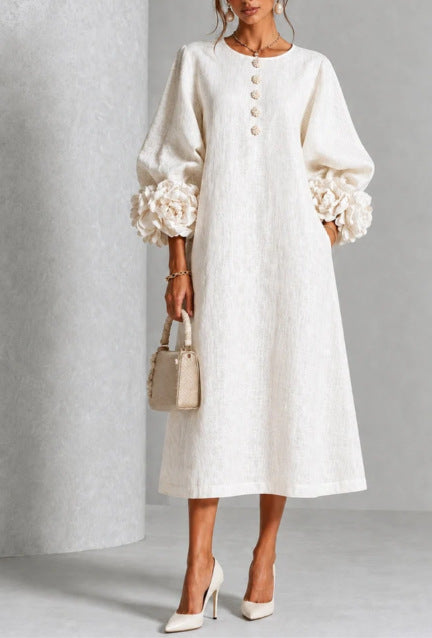 IVY | Vestido Midi Floral con Puños en Forma de Rosa