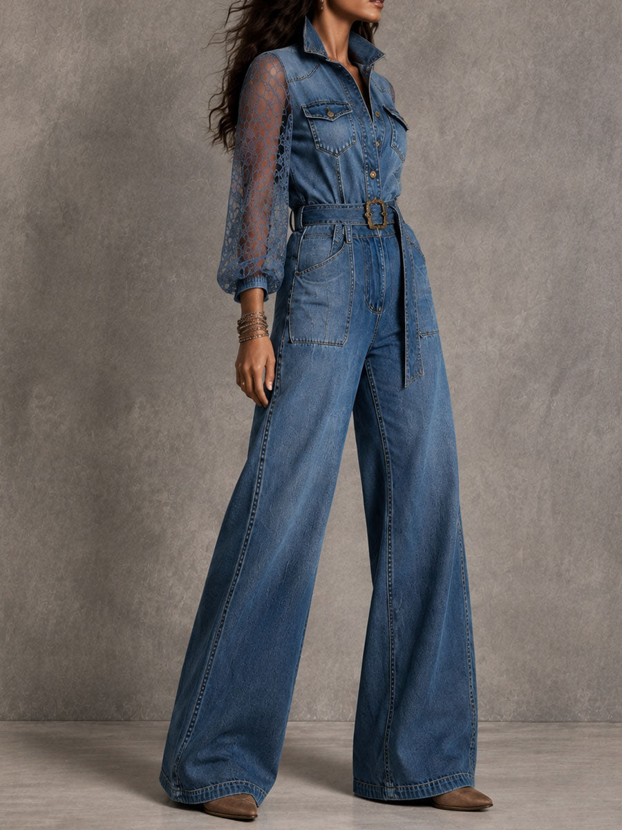 Jumpsuit Boho de Mezclilla de Pierna Ancha con Encaje, Mangas Abullonadas, Cuello, Botones y Cinturón