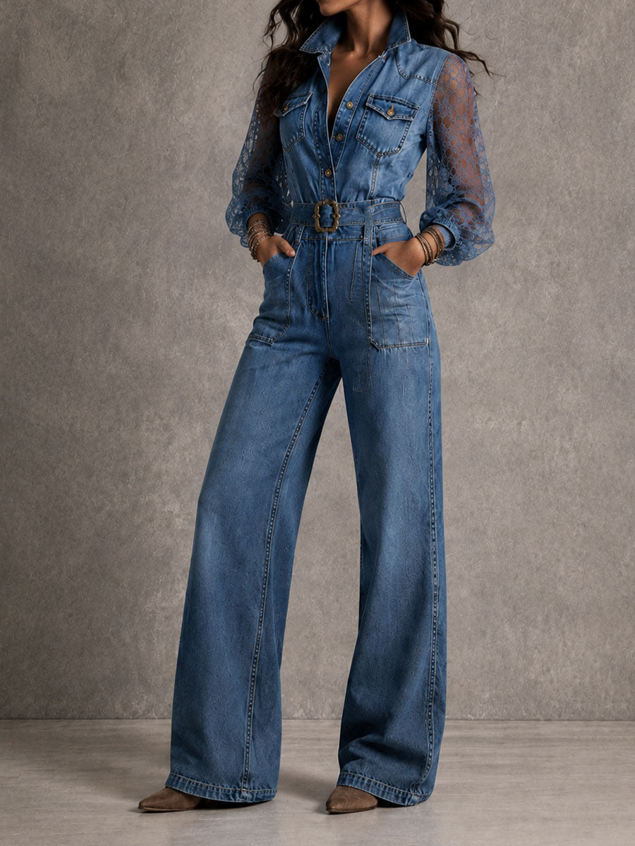 Jumpsuit Boho de Mezclilla con Encaje, Mangas Abullonadas, Cuello, Botones, Cinturón y Pierna Ancha