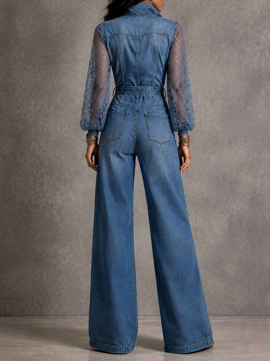 Jumpsuit Boho de Mezclilla de Pierna Ancha con Encaje, Mangas Abullonadas, Cuello, Botones y Cinturón