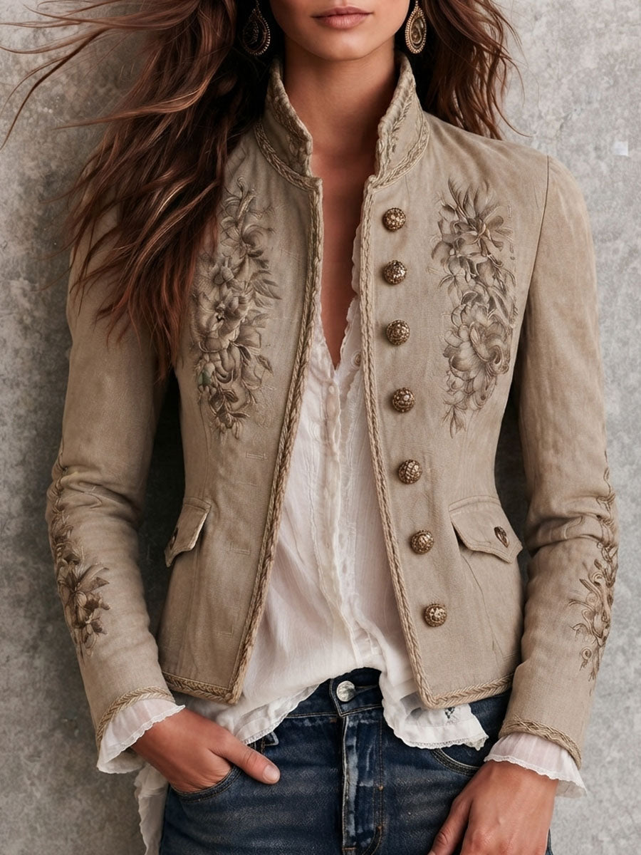 Chamarra Retro Beige con Cuello Mao, Bordado Floral y Ribete Trenzado