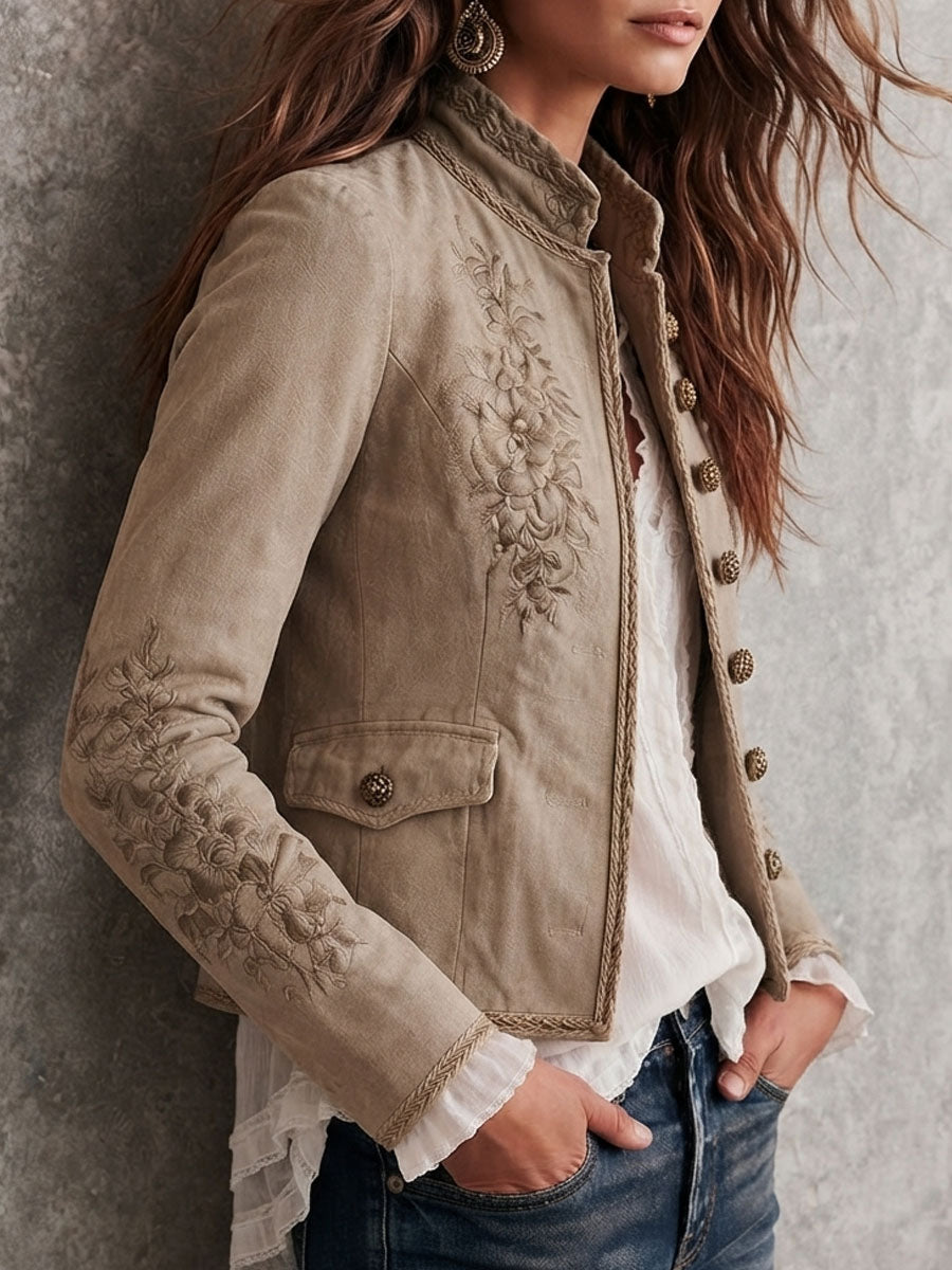Chamarra Retro Beige con Cuello Mao, Bordado Floral y Ribete Trenzado
