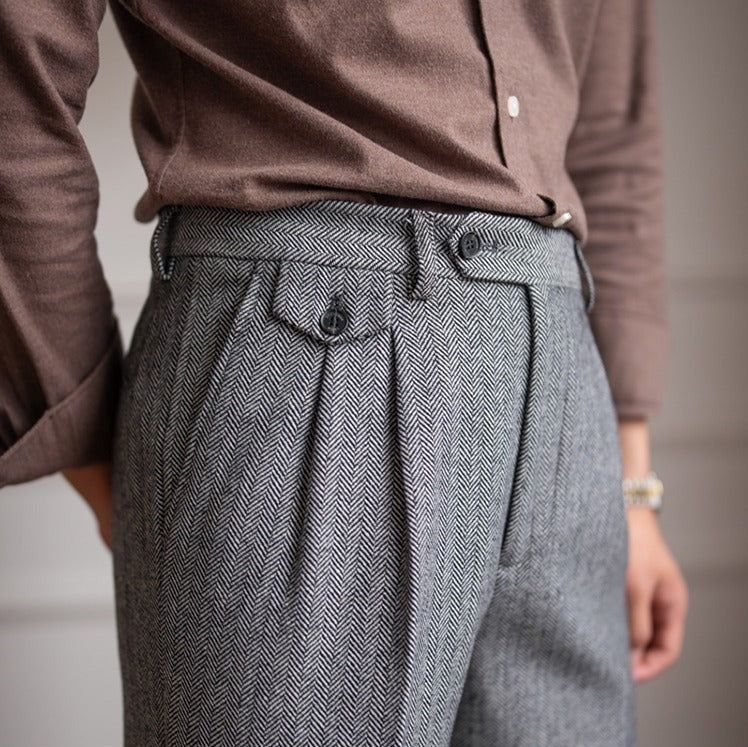 Pantalón de Vestir "Winchester" de Mezcla de Lana con Estampado Espiga