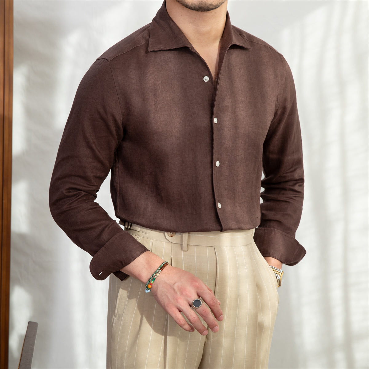 Camisa "Portofino" de Lino, Cuello Cutaway, Manga Larga