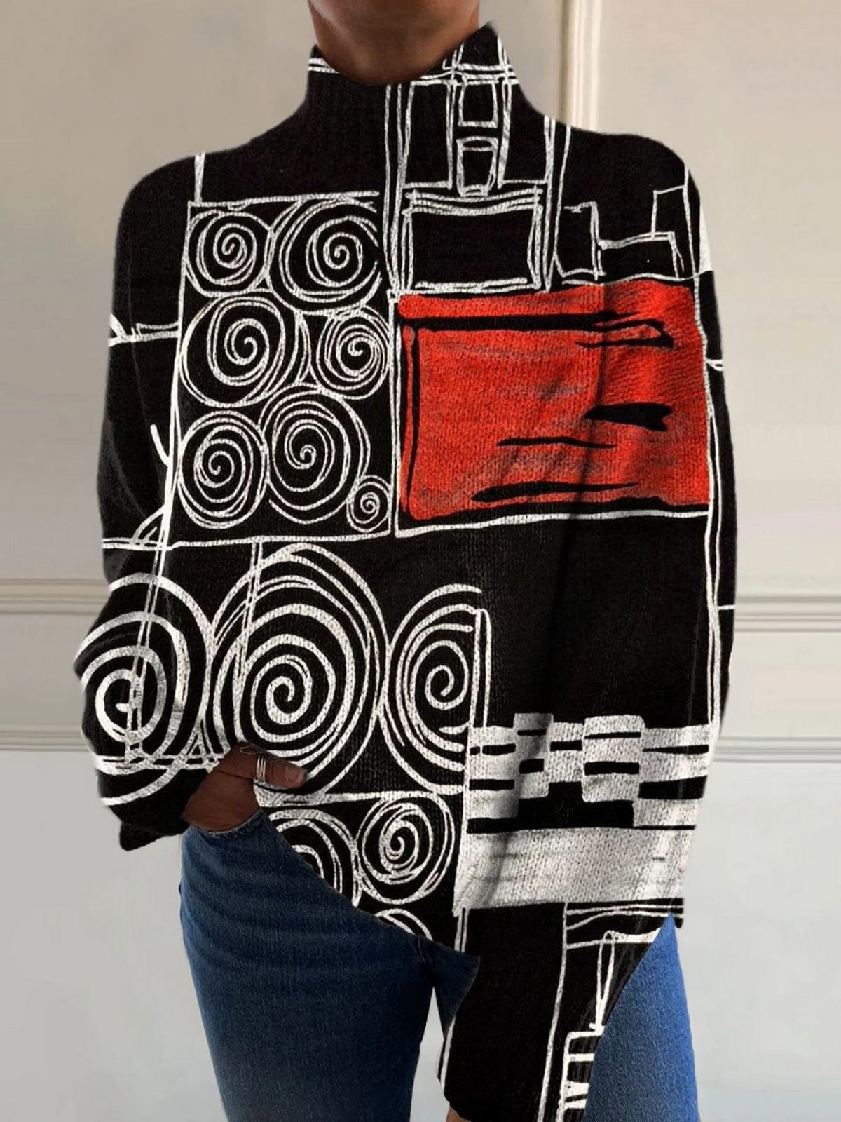 Selma | Suéter de Cuello Alto con Arte Abstracto