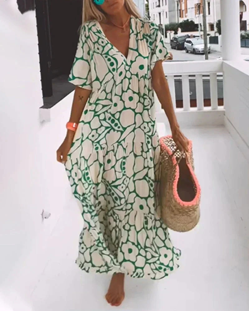 CHRISTINE | Vestido Largo de Verano de Corte Fluido con Elegante Estampado Gráfico