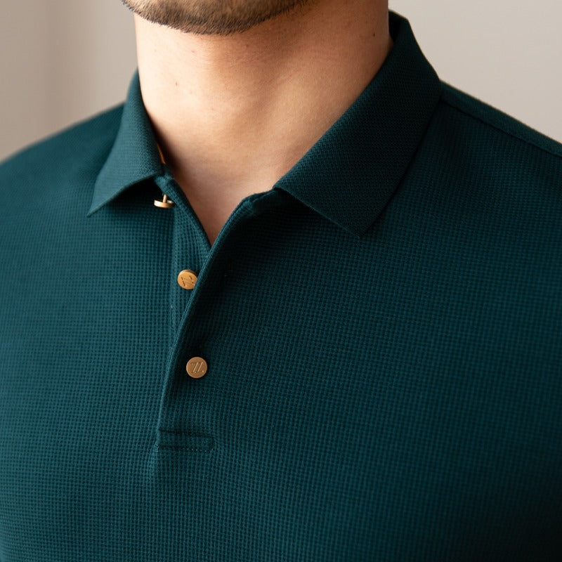 Playera Polo de Manga Larga Tejida, Mezcla de Algodón Texturizada
