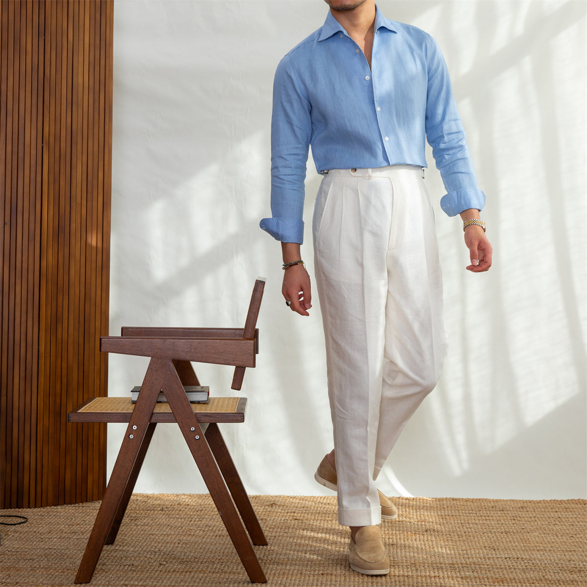 Camisa "Portofino" de Lino, Cuello Cutaway, Manga Larga