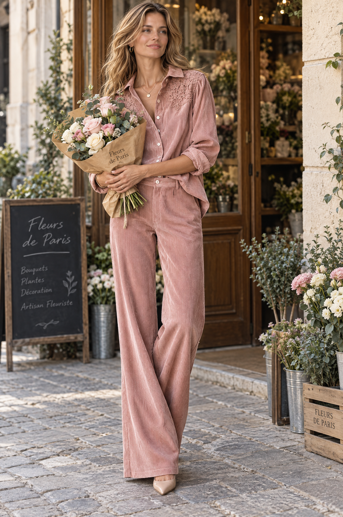 Conjunto Boho de Camisa de Pana con Encaje y Pantalón de Pierna Ancha