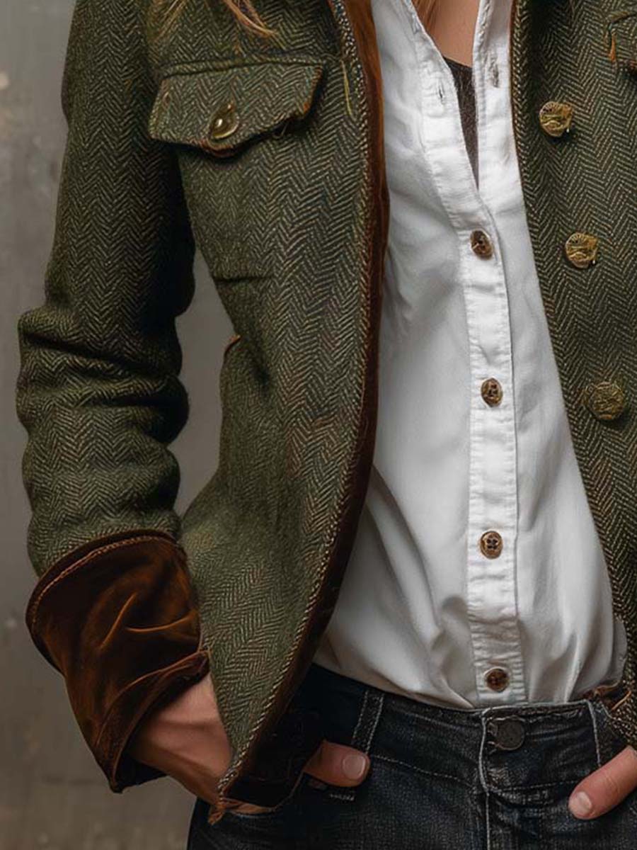 Honorine | Blazer Vintage Chevron con Bordes Contrastantes