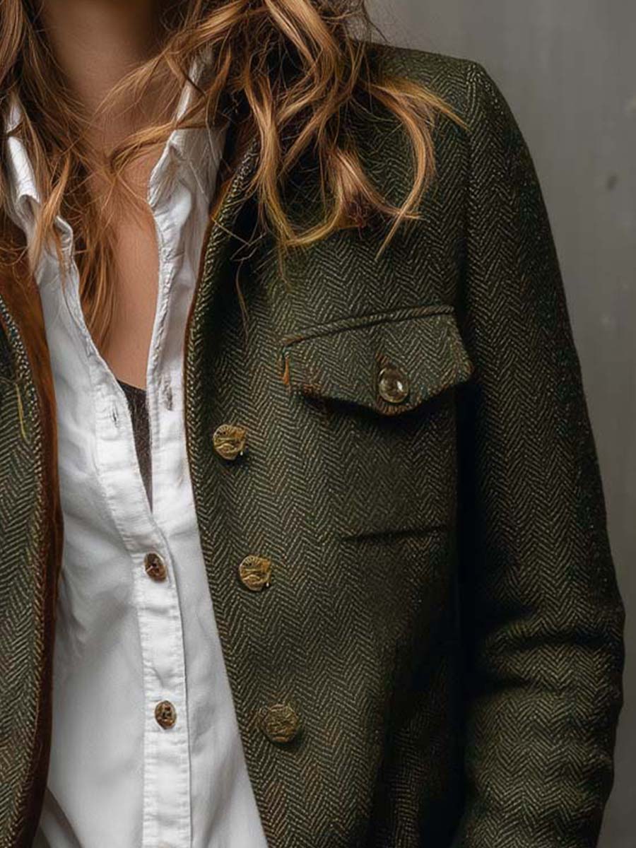 Honorine | Blazer Vintage Chevron con Bordes Contrastantes