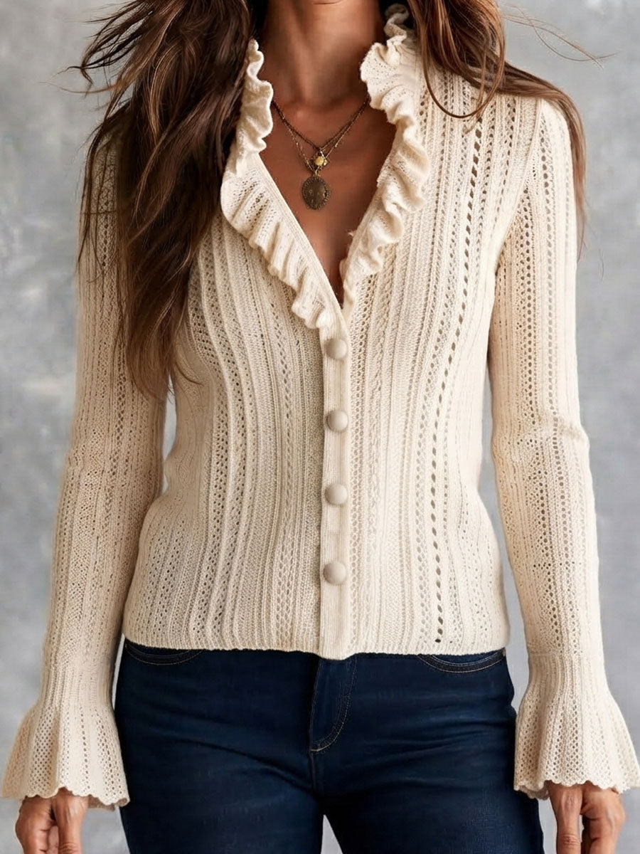 Cárdigan Boho Romántico de Punto de Encaje con Cuello de Olanes y Corte Acampanado