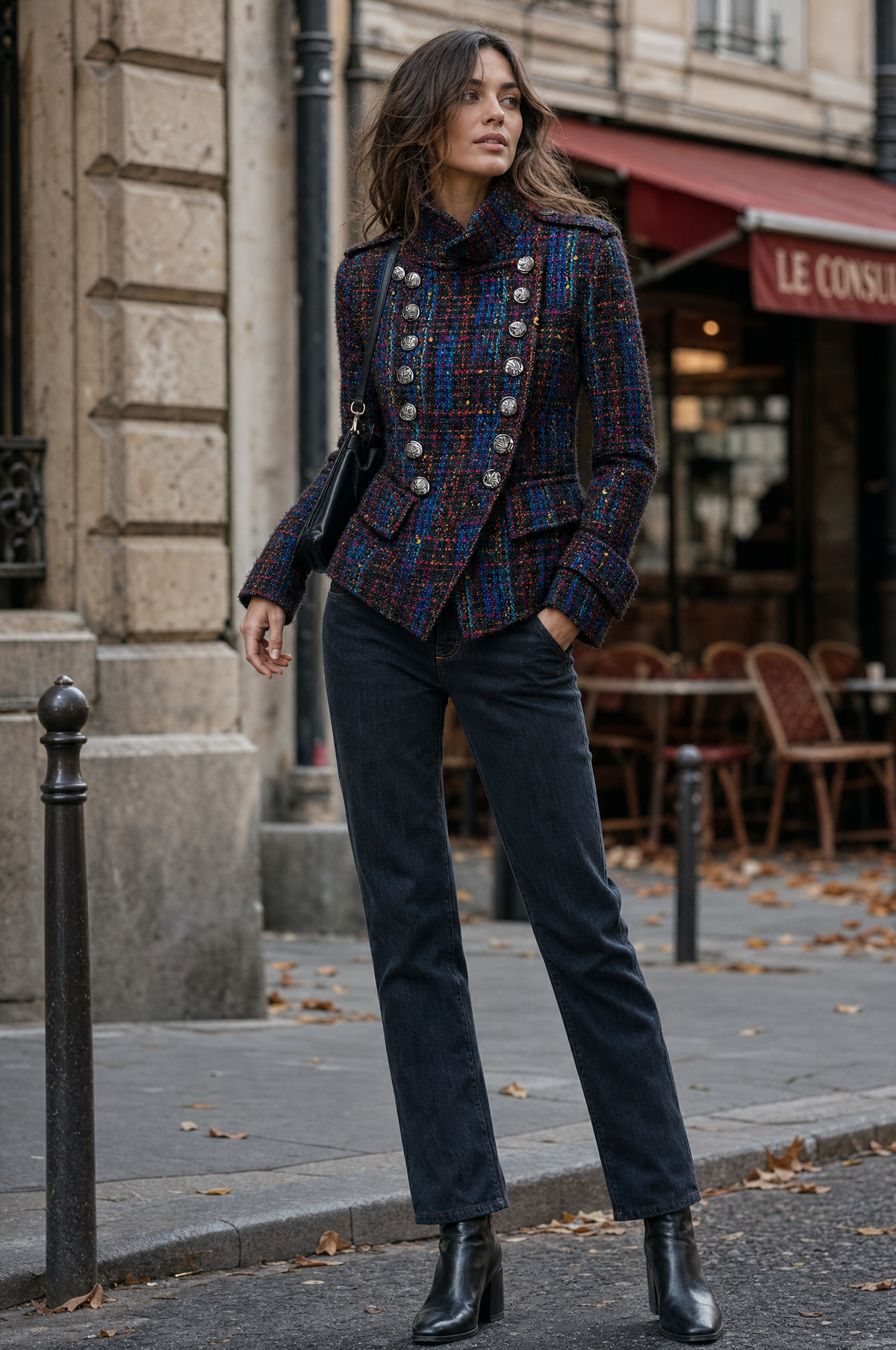 Abrigo Retro de Tweed Estilo Militar con Doble Botonadura y Botones Metálicos