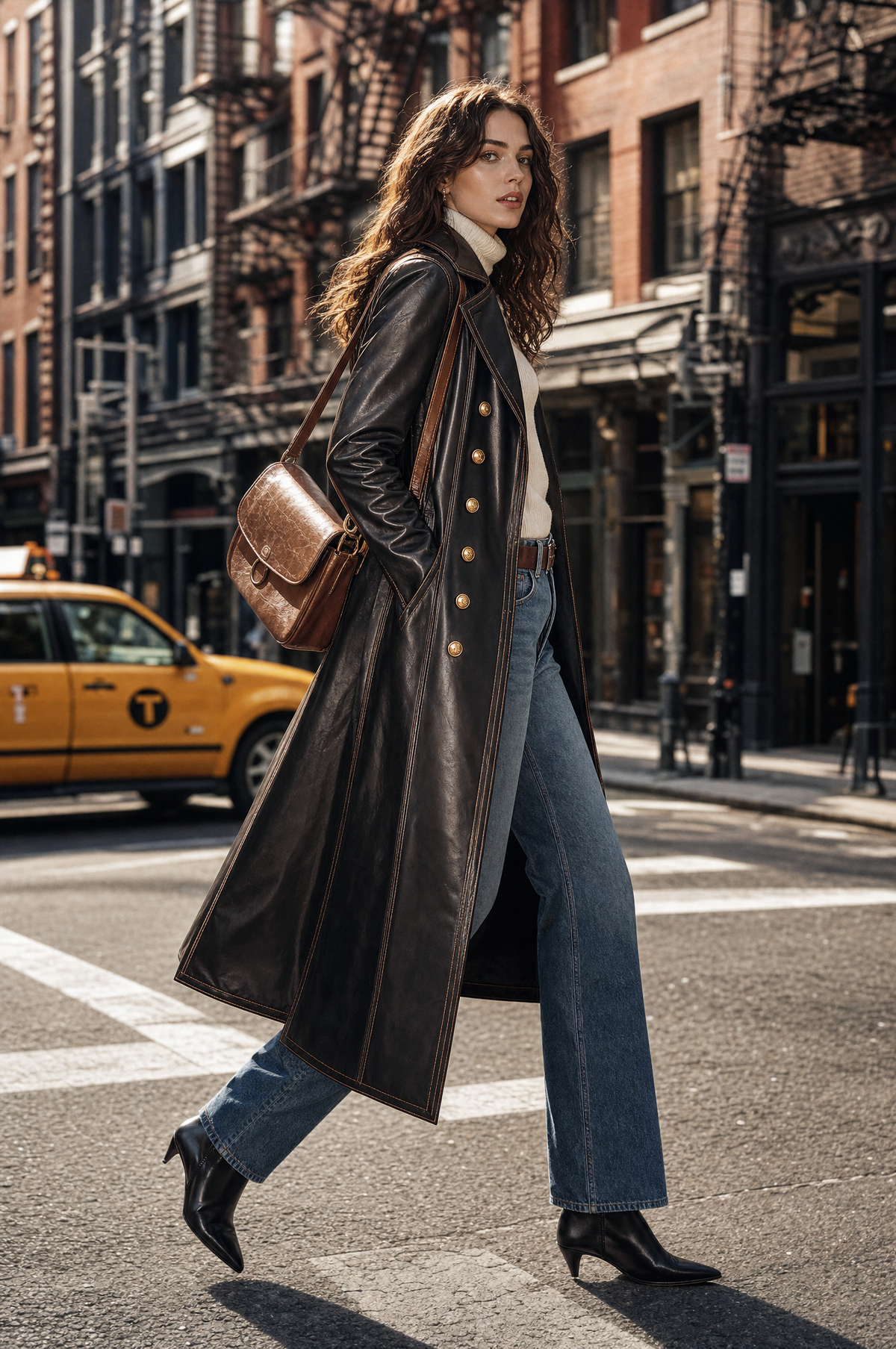 Abrigo de Piel Ecológica Estilo Vintage con Cuello de Solapa, Doble Botonadura y Pespunte