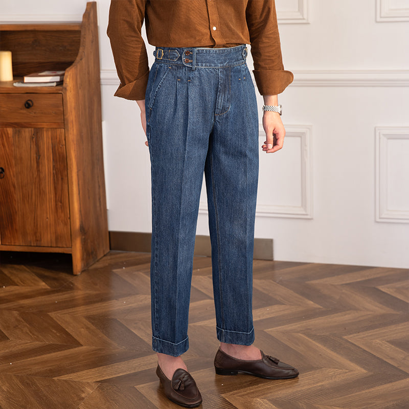 Pantalón de Mezclilla "Lorenzo" Vintage con Pliegue, Corte Recto