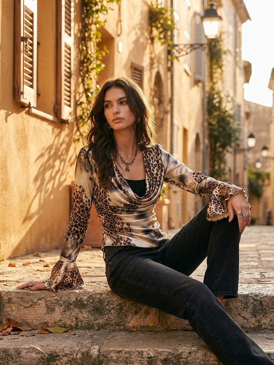 Blusa Vintage de Satín con Estampado de Leopardo, Cuello Drapeado y Puños de Olanes