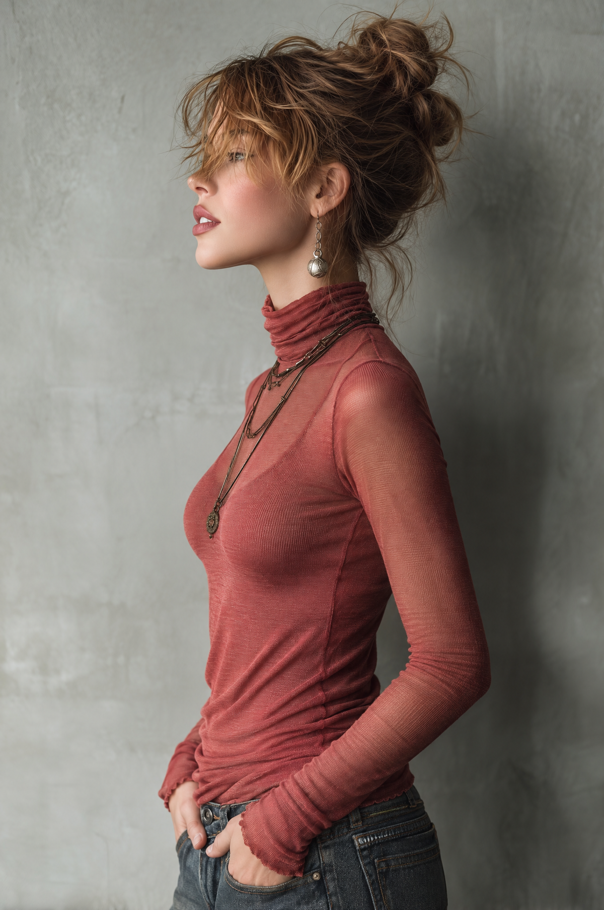 Suéter Retro Entallado de Punto Transparente con Cuello Alto Color Frambuesa