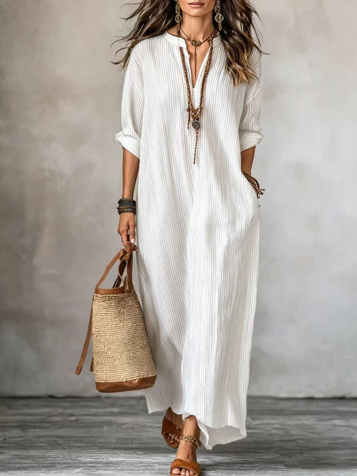 HAVEN | Vestido Maxi de Manga Larga con Escote en V, Rayas y Bolsas Laterales
