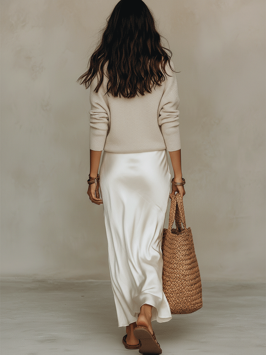 Lucia | Conjunto Elegante de Suéter de Punto y Falda Midi de Satín Gris