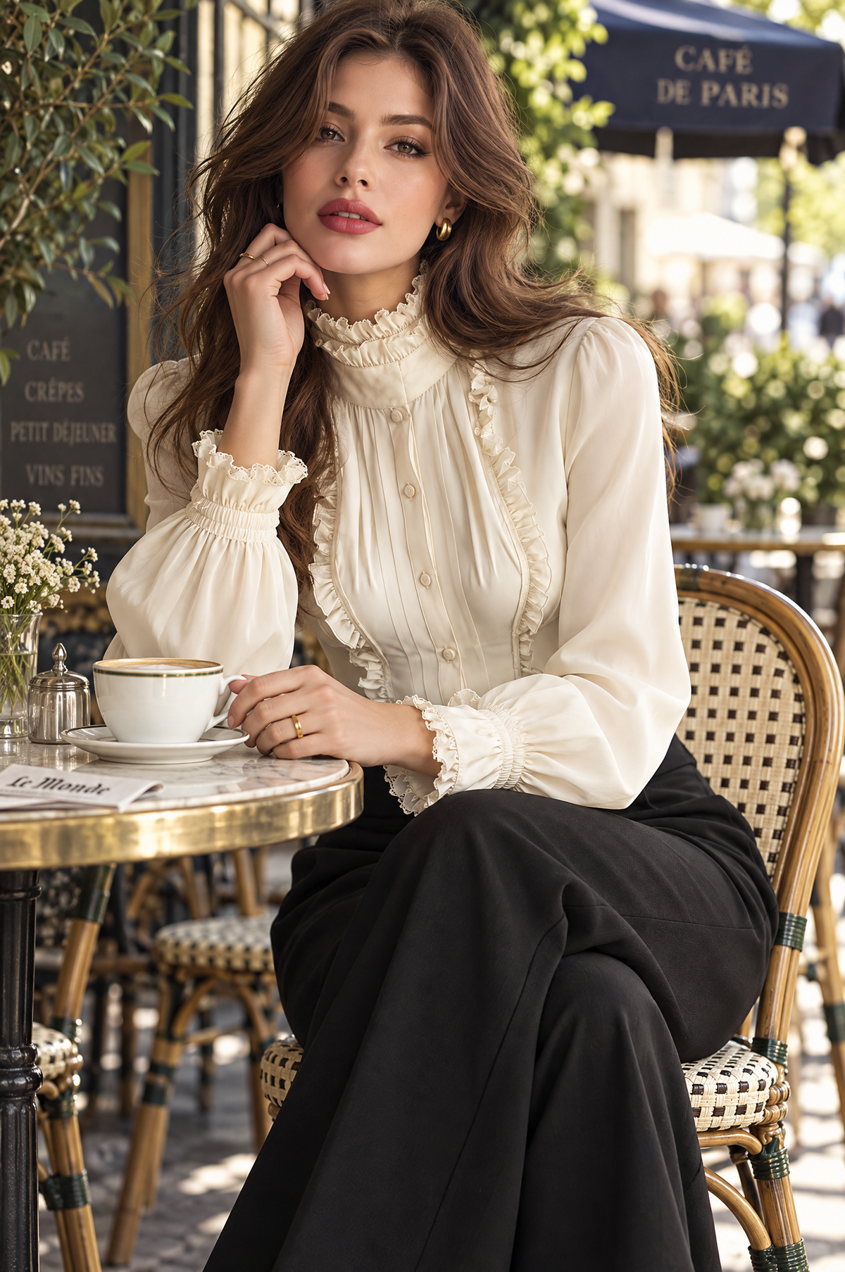 Blusa Estilo Victoriano de Manga Larga con Cuello Mao de Olanes