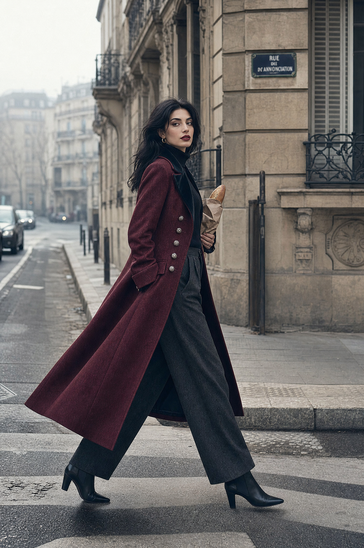 Abrigo Midi de Lana Entallado Quiet Luxury con Cuello de Terciopelo y Doble Botonadura