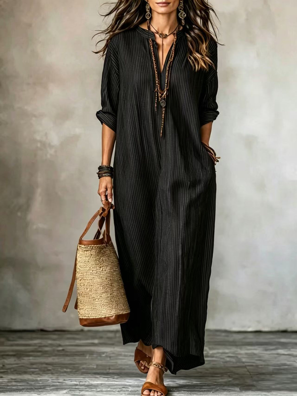 HAVEN | Vestido Maxi de Manga Larga con Escote en V, Rayas y Bolsas Laterales
