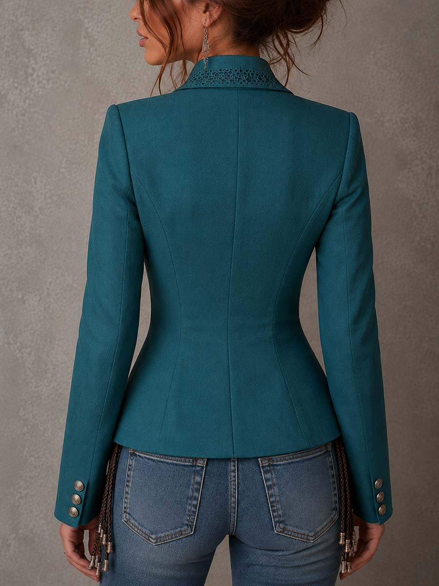 Blazer Corto Elegante Cruzado con Paneles de Encaje y Cintura Corsé
