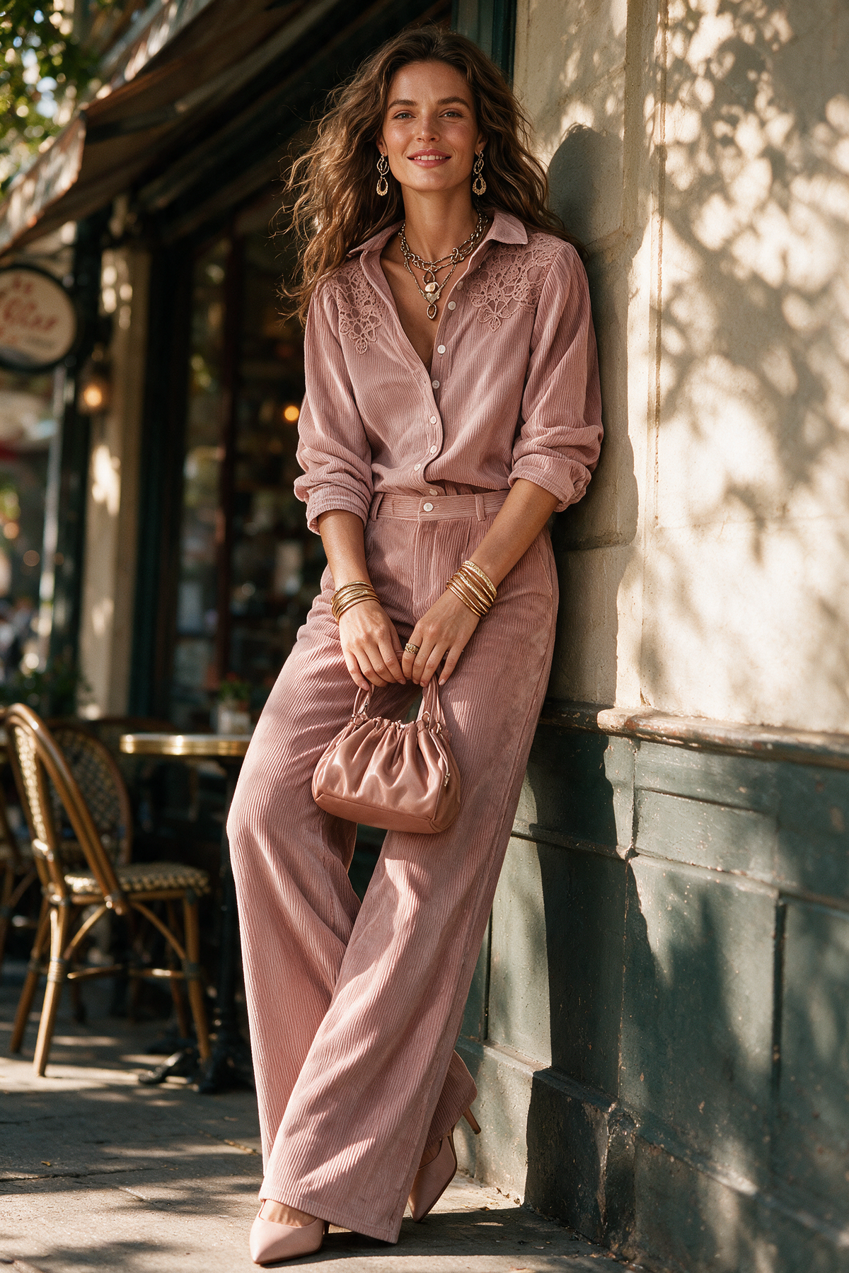 Conjunto Boho de Camisa de Pana con Ribete de Encaje y Pantalón de Pierna Ancha