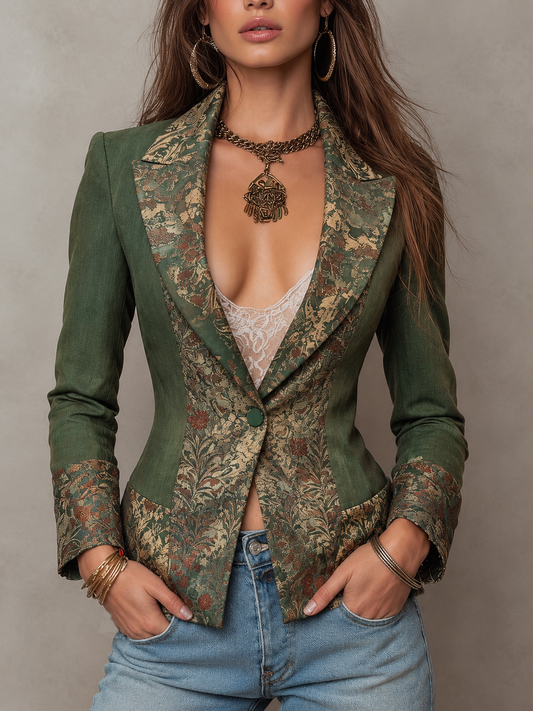 Blazer Entallado Verde Olivo Vintage de Un Botón con Solapa y Puños en Contraste de Tapiz Floral
