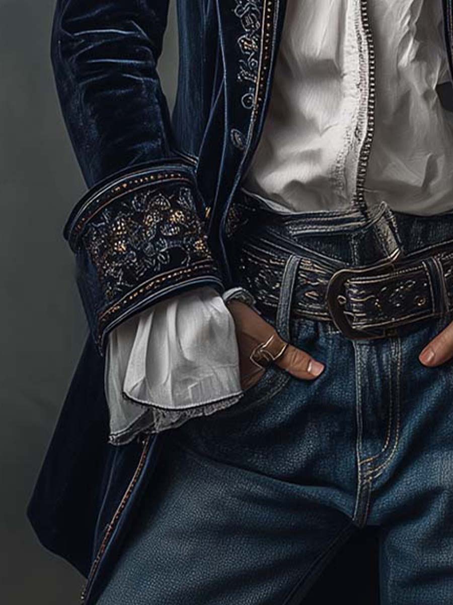 Athénaïs | Chamarra Larga Bordada Vintage Azul Marino
