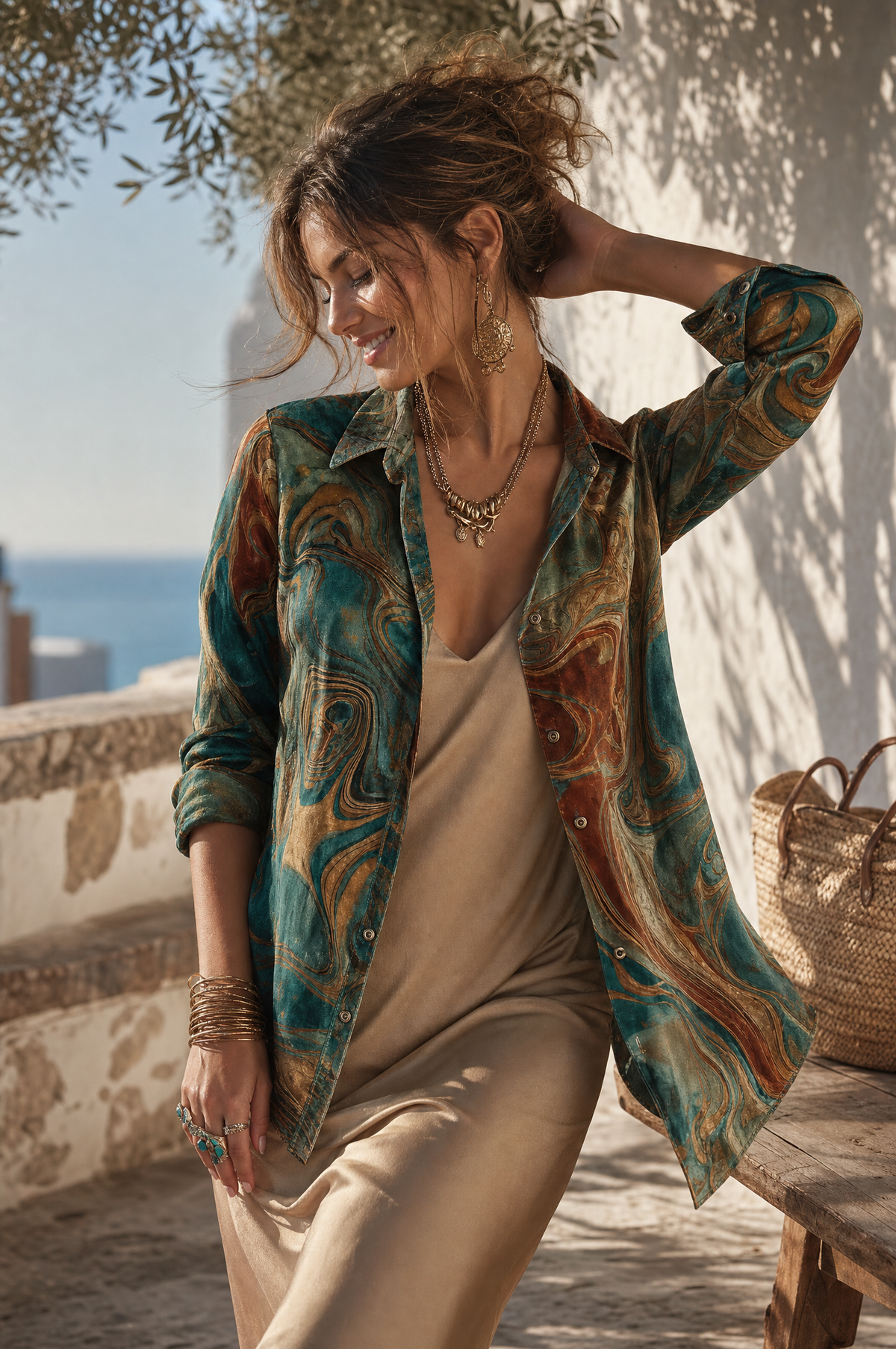 Blusa Vintage de Terciopelo con Estampado de Mármol, Manga Larga y Botones