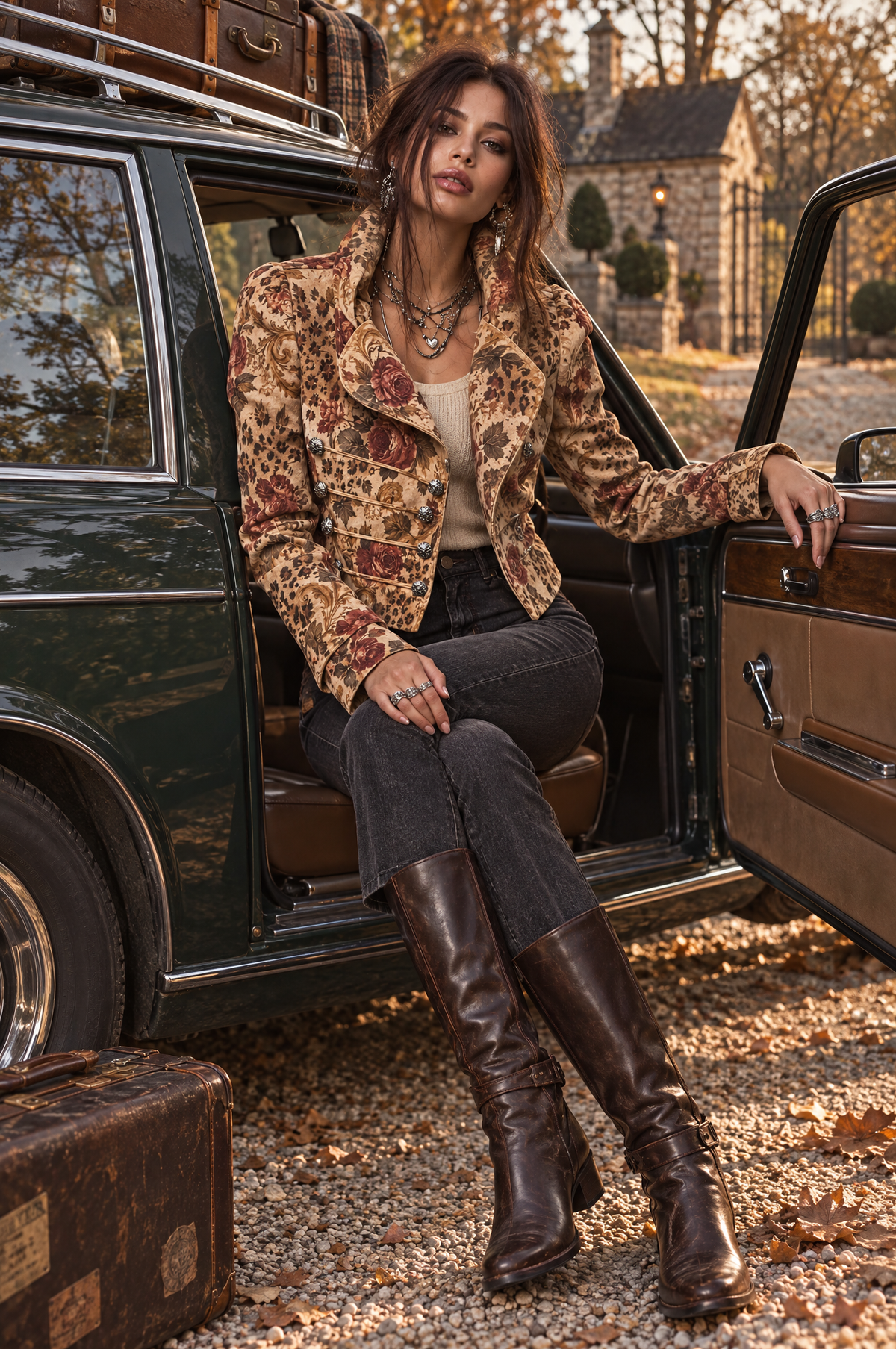 Chamarra Corta Militar Vintage de Gamuza con Estampado Floral de Leopardo