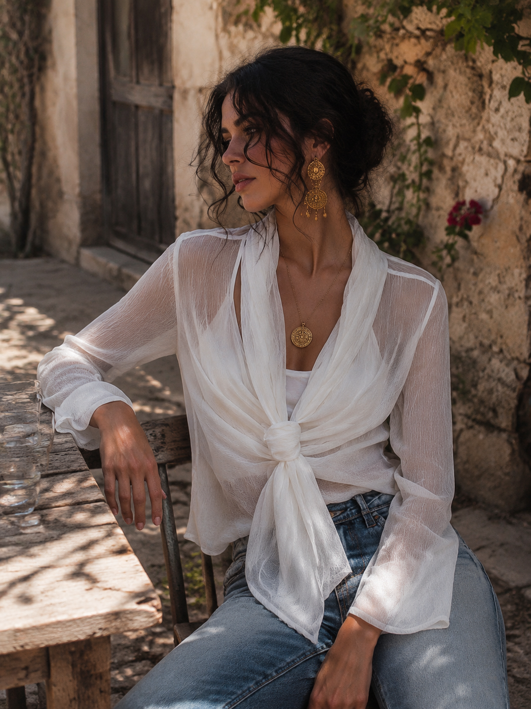 Blusa de Manga Larga de Chifón Arrugado Transparente, Frente Cruzado con Nudo y Camisola