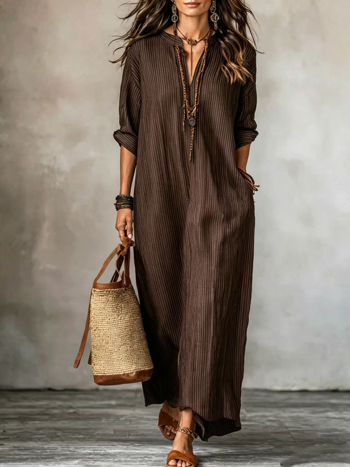 HAVEN | Vestido Maxi de Manga Larga con Escote en V, Rayas y Bolsas Laterales