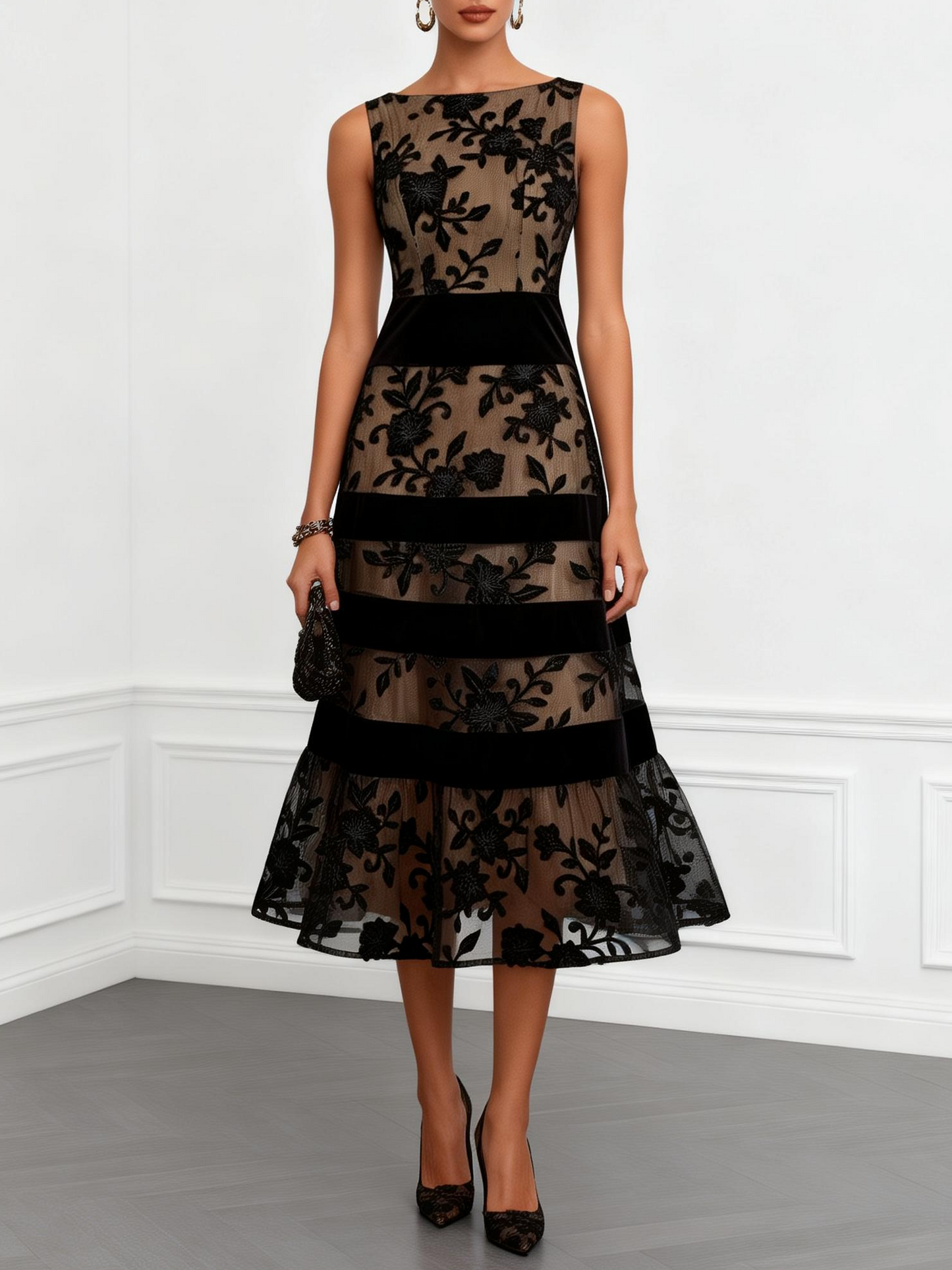 Vestido Midi Corte A Sin Mangas de Malla Negra con Flores