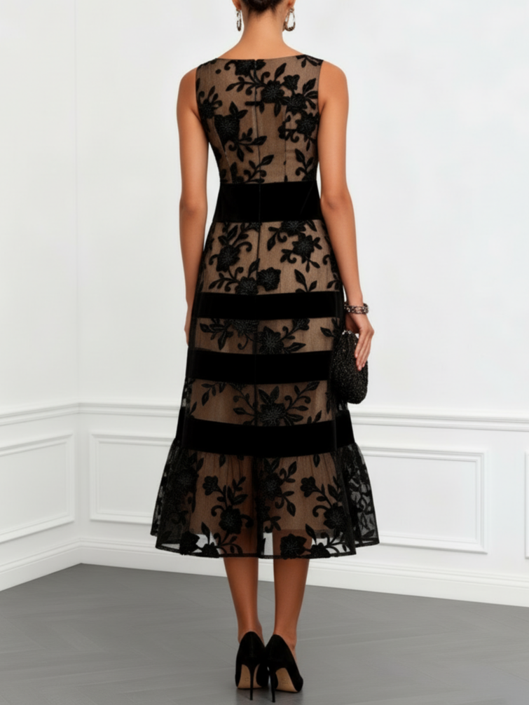 Vestido Midi Corte A Sin Mangas de Malla Negra con Flores