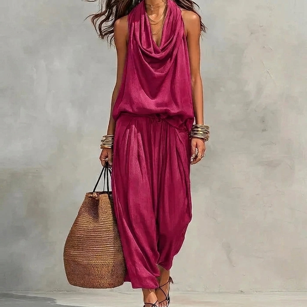 Ambre | Conjunto con Caída de Top Halter Drapeado y Pantalón