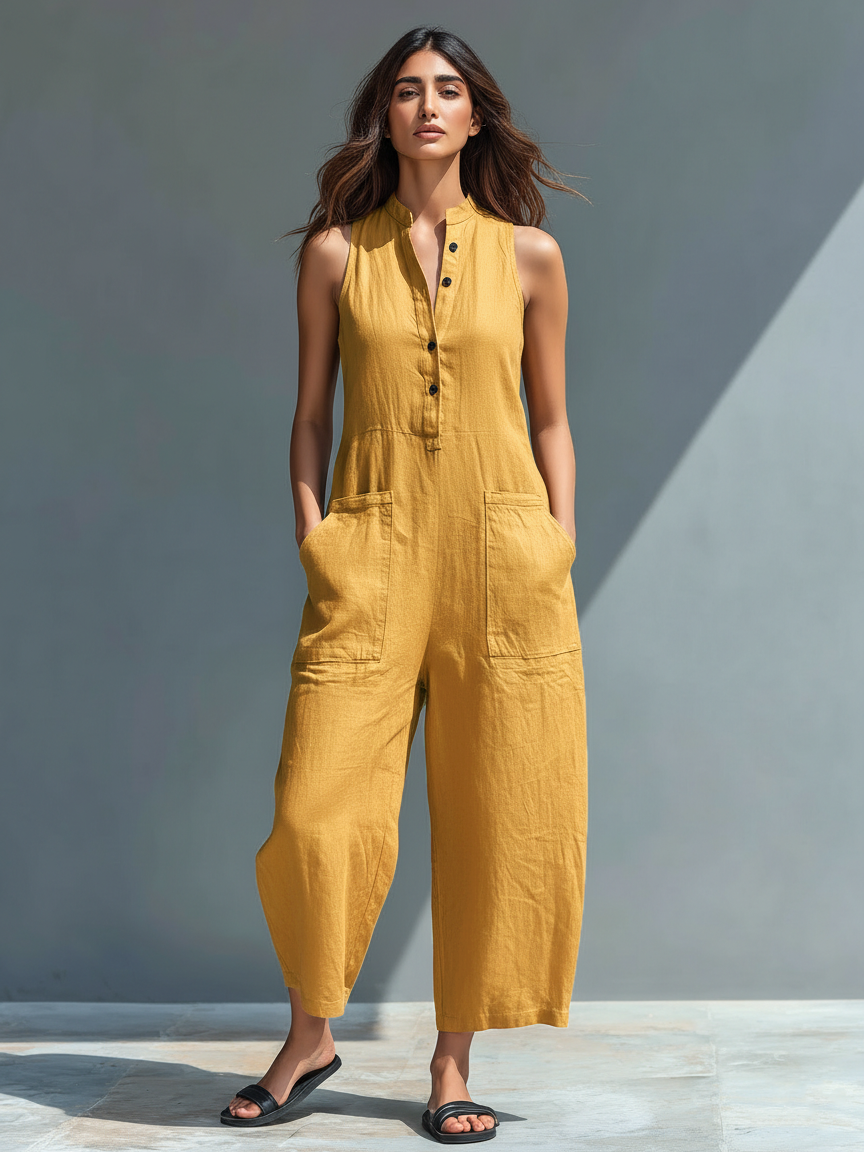 Jumpsuit Minimalista Sin Mangas para Mujer con Cuello Alto y Botones