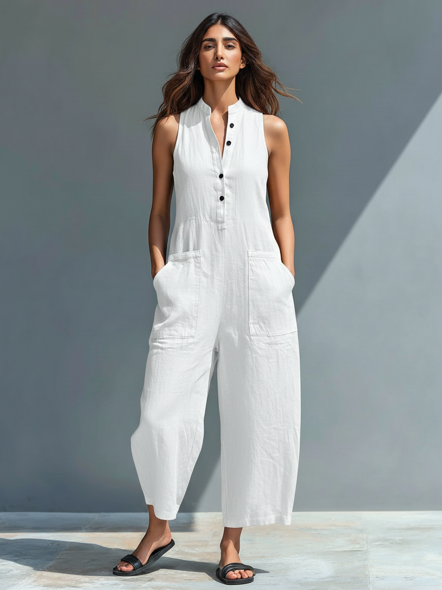 Jumpsuit Minimalista Sin Mangas para Mujer con Cuello Alto y Botones
