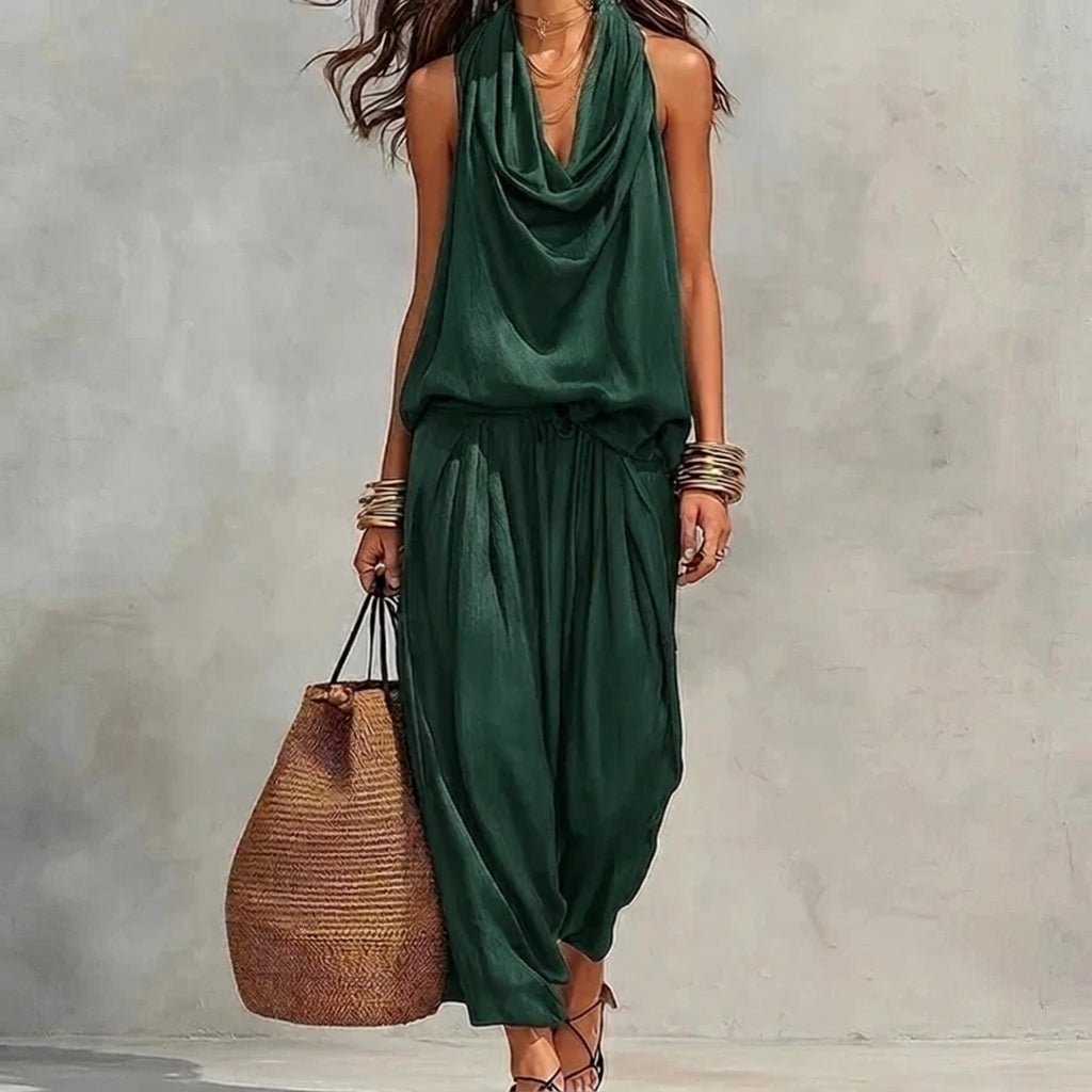 Ambre | Conjunto con Caída de Top Halter Drapeado y Pantalón