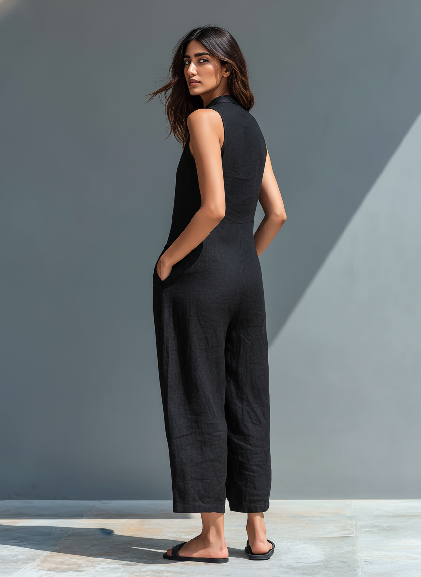Jumpsuit Minimalista Sin Mangas para Mujer con Cuello Alto y Botones