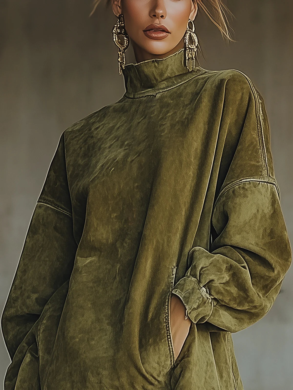 Fernanda | Vestido de Gamuza con Cuello Alto y Flecos
