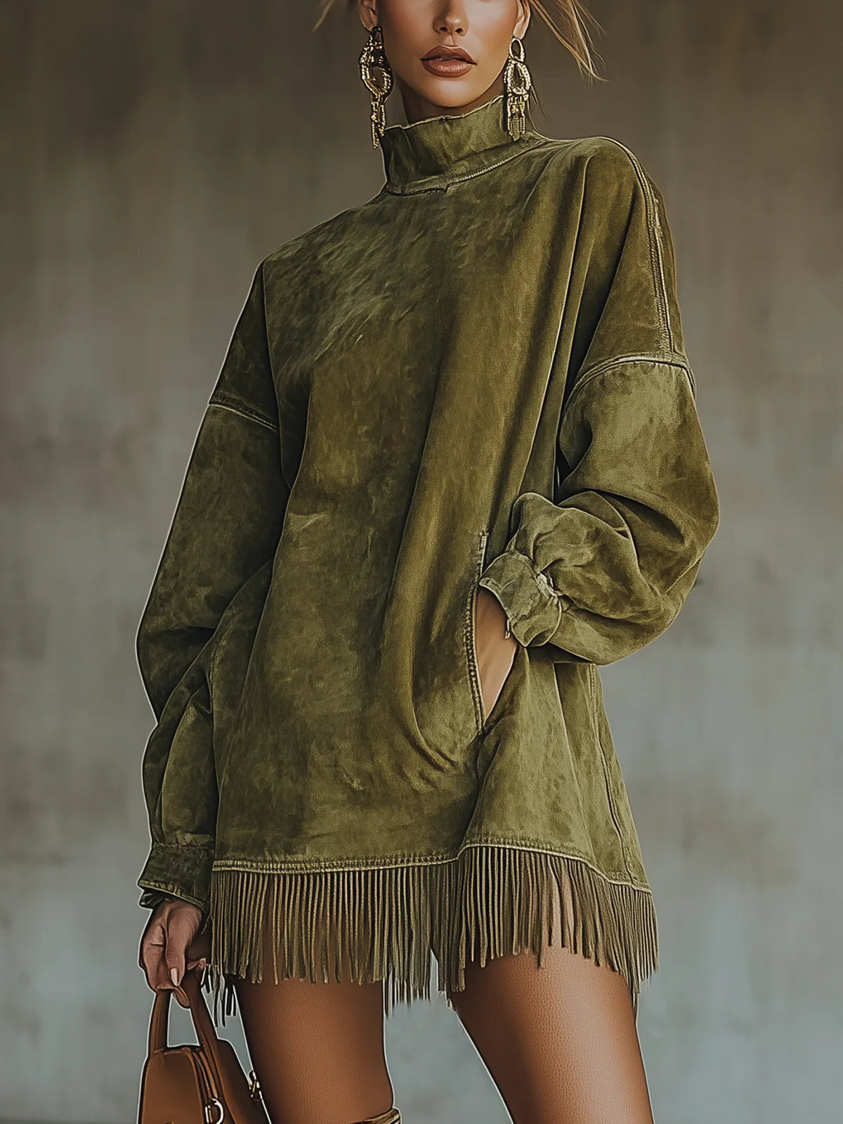 Fernanda | Vestido de Gamuza con Cuello Alto y Flecos