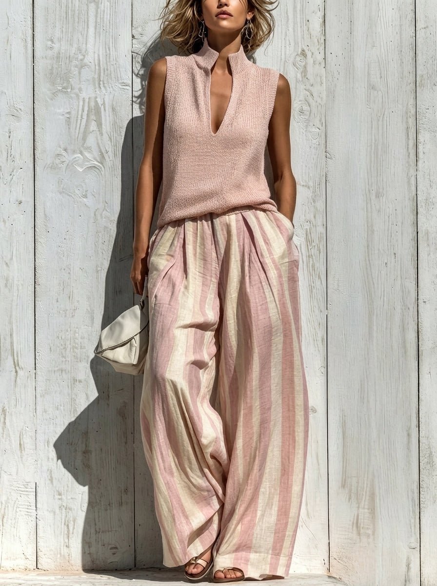 Sofía | Conjunto Elegante de Tela con Caída: Top y Pantalón Palazzo a Rayas