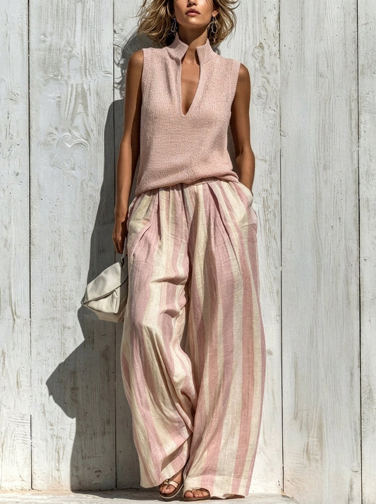 Sofía | Conjunto Elegante de Tela con Caída: Top y Pantalón Palazzo a Rayas